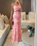 Women's Tropical Plants Bandeau Dress Sexy Drawstring Cutout Shirred Waist Mermaid Dress Ruffle Hem Vacation Maxi Dress