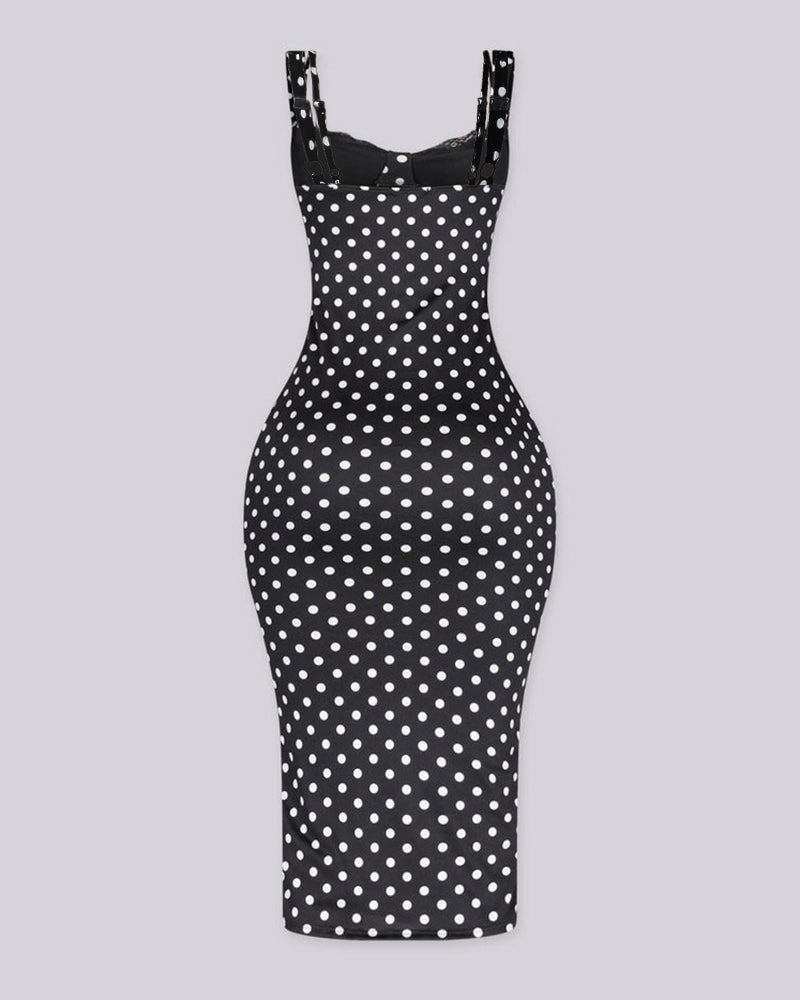 Women's Polka Dot Midi Dress Lace Trim V-Neck Bodycon Dress Adjustable Double Strap Elegant Party Dress with Built-in Bra