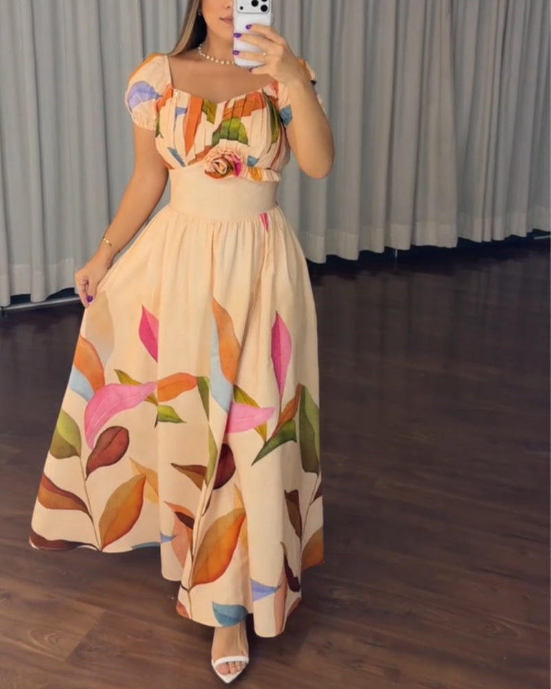 Women's Botanical Print Maxi Dress Vintage Puff Sleeve V-Neck A-Line Dress 3D Flower Detail Shirred Back Vacation Dress with Pockets