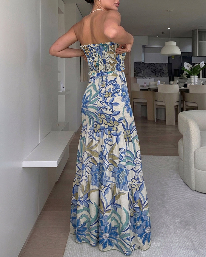 Women's Tropical Floral Bandeau Dress Sexy Drawstring Cutout Shirred Waist Mermaid Dress Ruffle Hem Vacation Maxi Dress