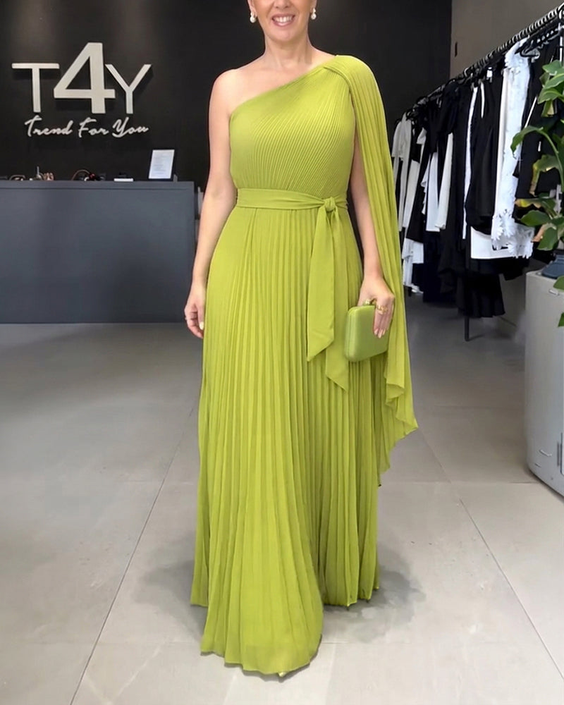 CHICME Women's One-Shoulder Pleated Maxi Dress Asymmetric Draped Cape Sleeve Twist Front Party Dress Elegant High-Waist Evening Dress