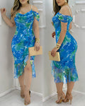 Women's Watercolor Floral Print Mesh Ruffle