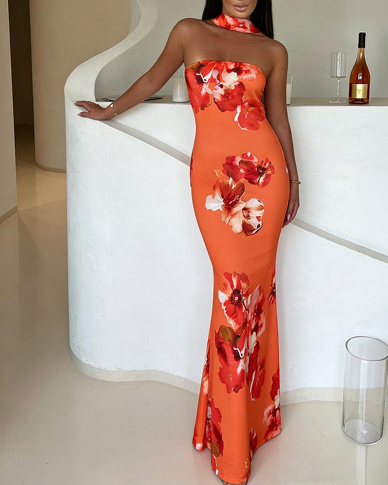 CHICME Women's Tropical Floral Print Mermaid Maxi Dress Convertible Halter Tube Dress Sleeveless Bodycon Evening Dress