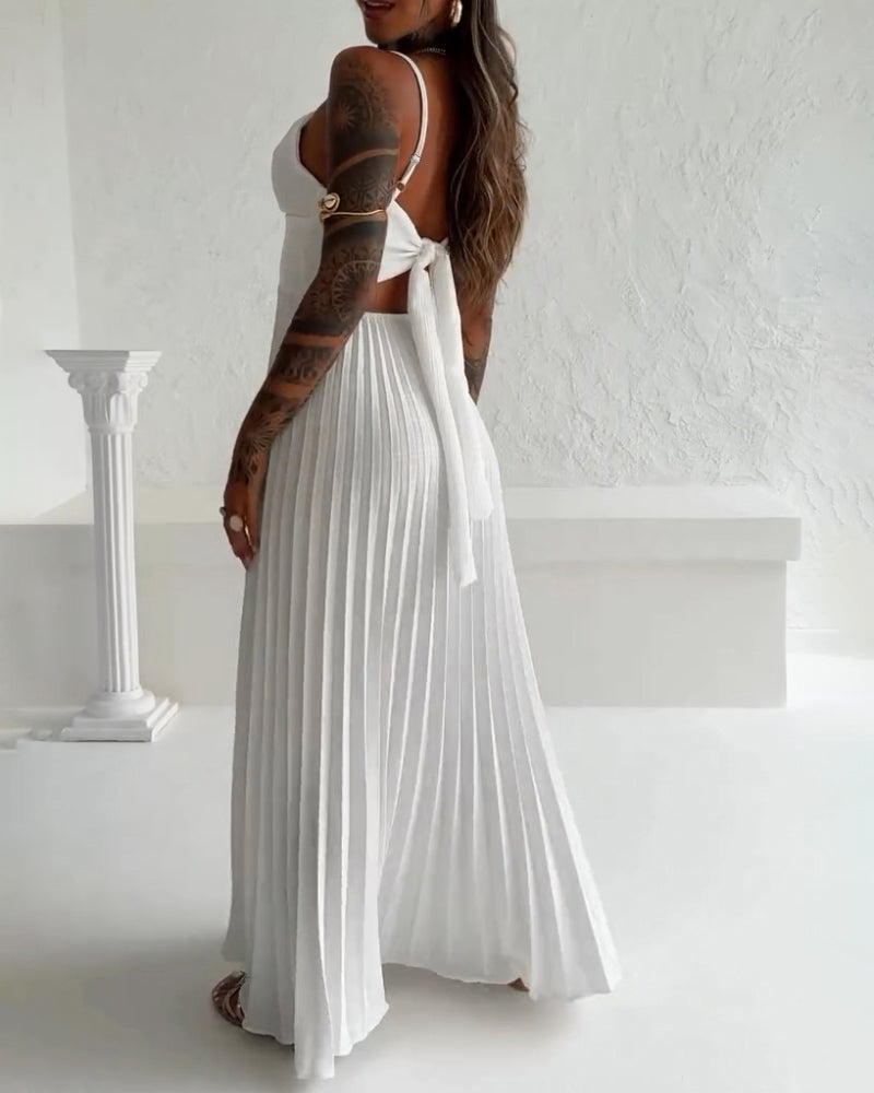 Deep V Neck Adjustable Spaghetti Straps Backless Pleated Dress Elegant Zipper Side Tie Back Maxi Dress