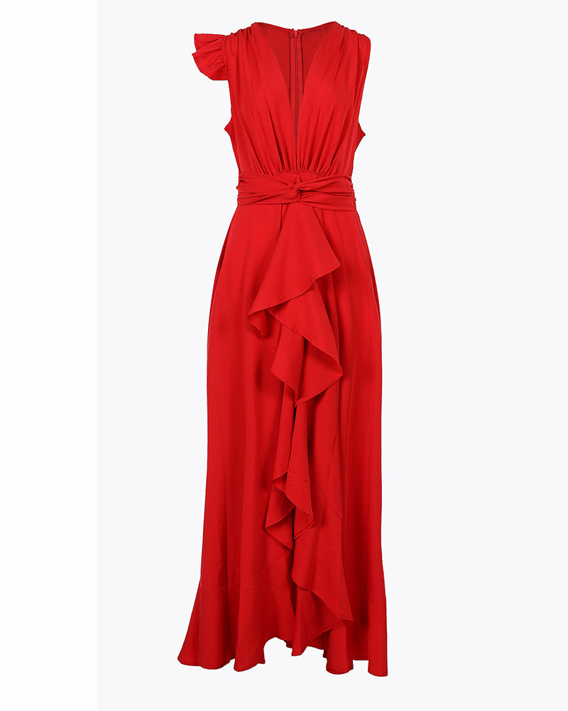 Deep V-Neck Sleeveless Ruched Ruffle Hem Slit Prom Dress Elegant Twist Front Zipper Back Evening Dress