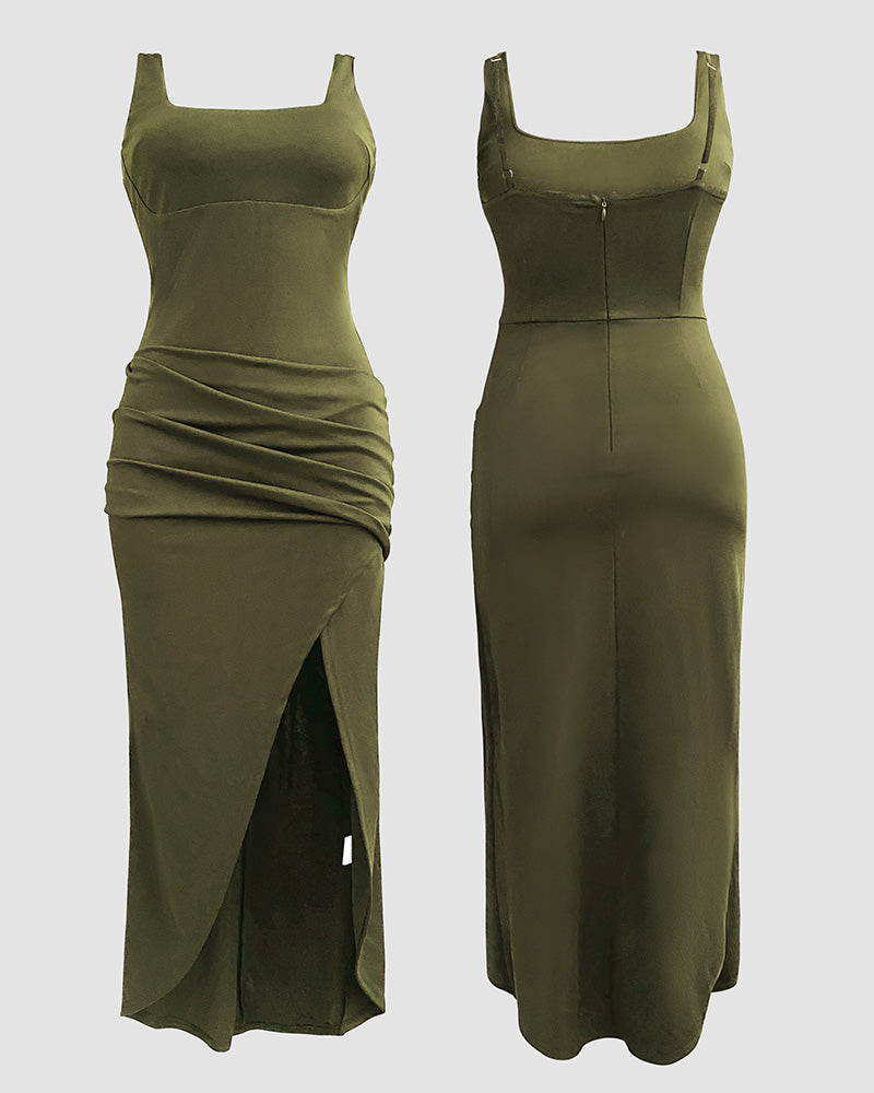 Sexy Square Neck Thick Strap Backless Slit Dress