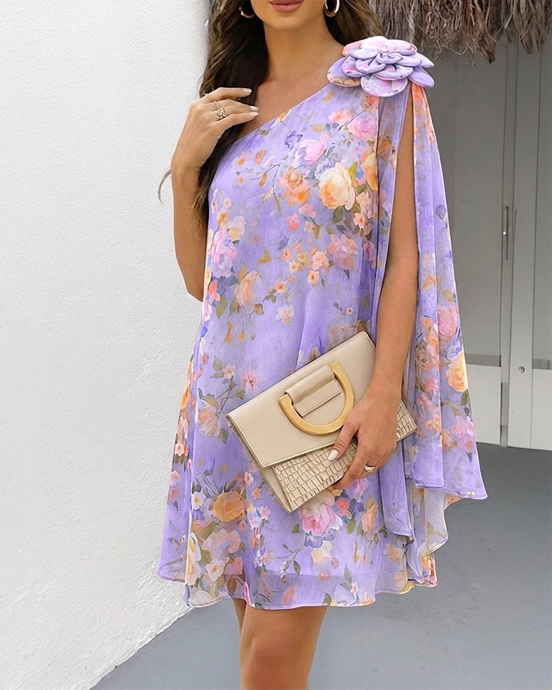 Women's Floral Print One-Shoulder Chiffon Dress 3D Floral Decor Split Sleeve Loose A-Line Mini Dress