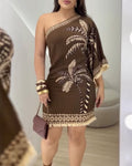 Tropical Print One Shoulder Three Quarters Sleeve A Line Dress Casual Side Zipper Fringe Vacation Dress
