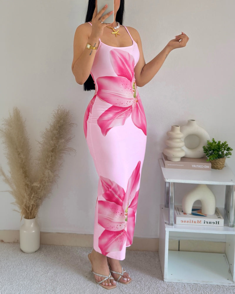 Women's Floral Print Cami Maxi Dress Adjustable Spaghetti Strap Bodycon Long Dress Summer Vacation Sundress