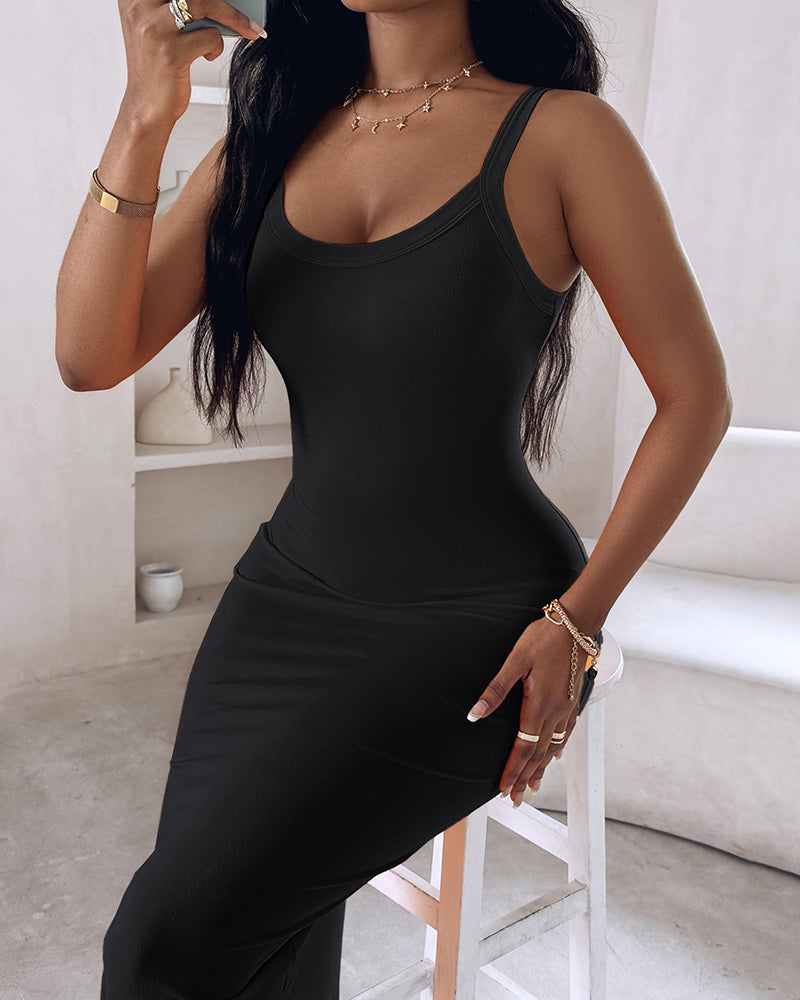 Spaghetti Strap U-Neck Casual Maxi Dress Slim Fit Cami Vacation Dress