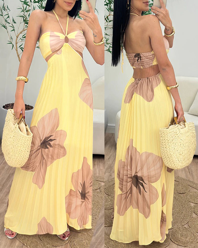 Women's Sexy Halter Tie Floral Maxi Dress Cutout Backless Pleated A-Line Dress Casual Shirred Back Vacation Dress