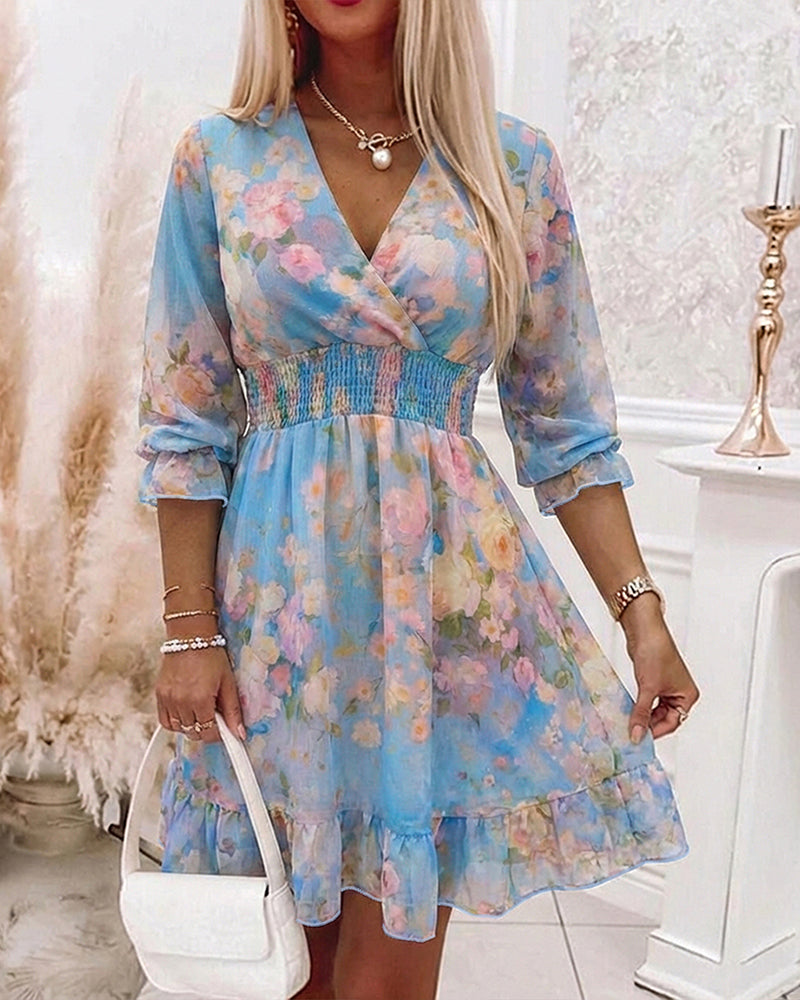 Women's Watercolor Floral Chiffon Dress Overlap V-Neck Shirred High Waist Vacation Dress A-Line Ruffle Hem Dress