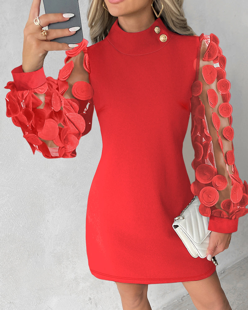 Floral Pattern Sheer Mesh Patch Casual Dress