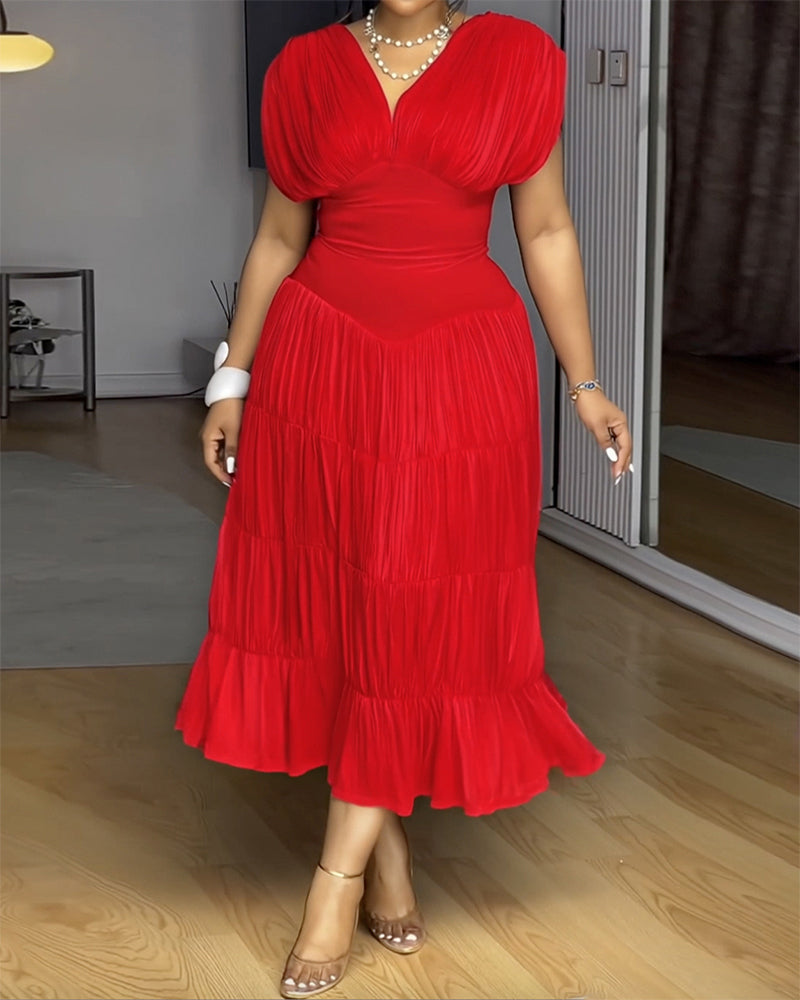 Textured V Neck Sleeveless Ruched Ruffles Hem Dress Casual Waist A Line Party Midi Dress