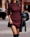 Round Neck Long Sleeve Knit Sweater Dress Pullover Slim Fit Ribbed Dress