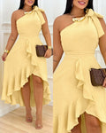 Women's One Shoulder Ruffle Hem Dress Bow Tie Shoulder High-Low Hem Irregular Party Dress Shirred Back Evening Gown