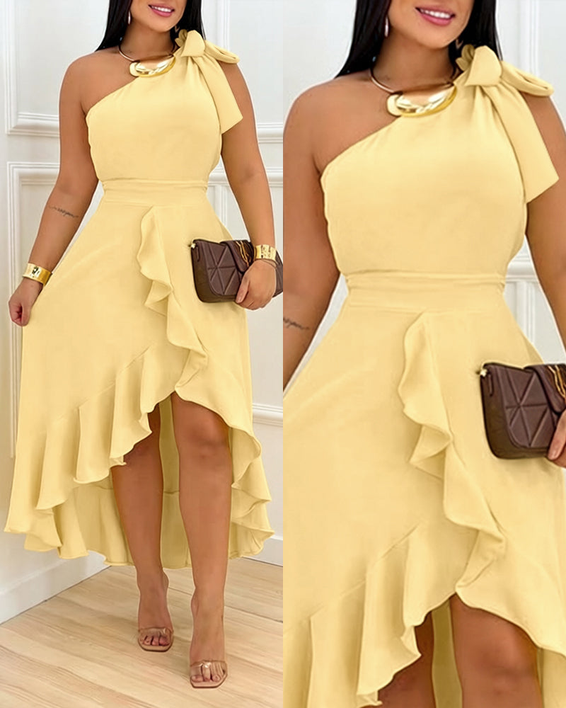 Women's One Shoulder Ruffle Hem Dress Bow Tie Shoulder High-Low Hem Irregular Party Dress Shirred Back Evening Gown