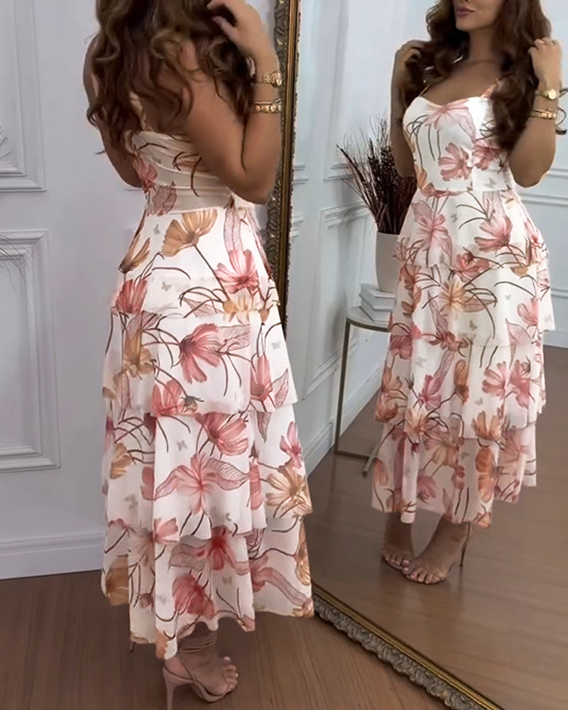 Women's Floral Print Mesh Tiered Maxi Dress High Waist Ruffle Hem Camisole Dress Sleeveless Sweetheart Neck Vacation Sundress