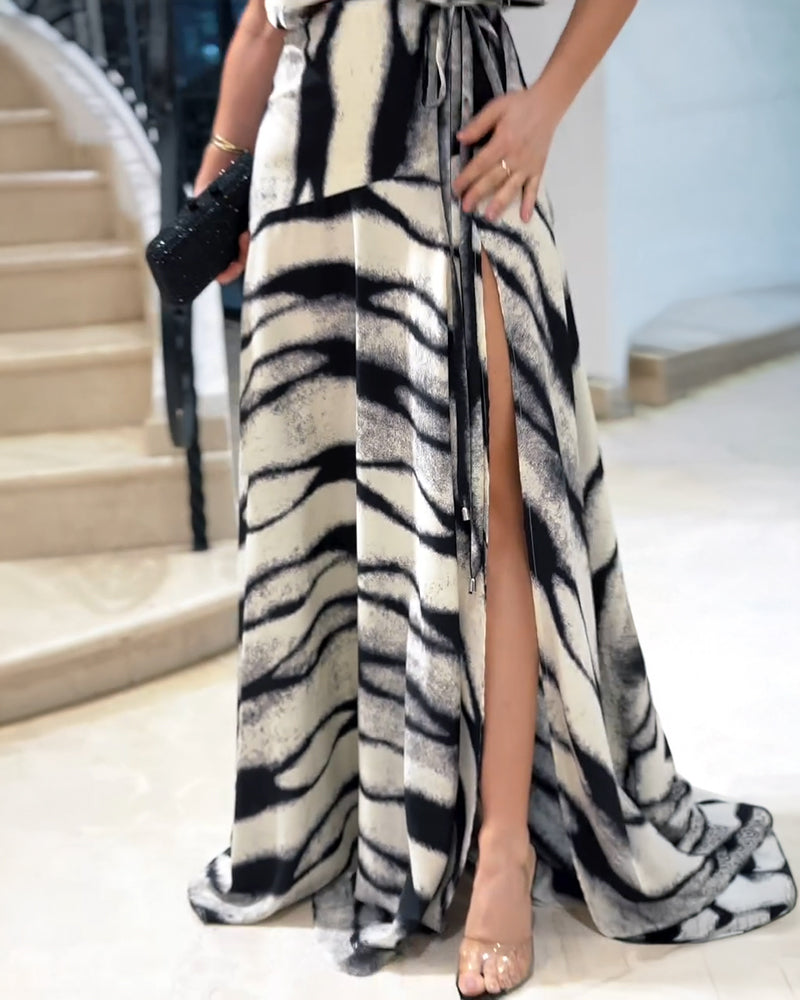 Abstract Pattern Deep V-Neck Sleeveless Ruched Maxi Dress Elegant Tie Waist Side Slit Evening Dress