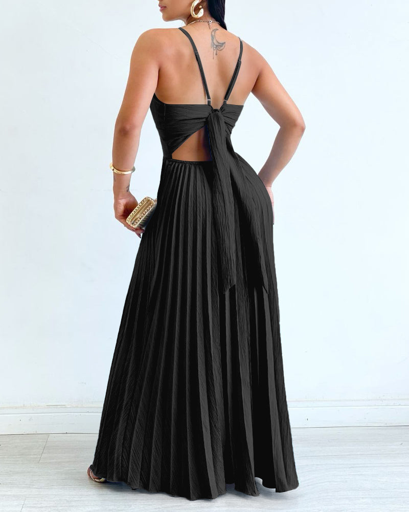 Deep V Neck Adjustable Spaghetti Straps Backless Pleated Dress Elegant Zipper Side Tie Back Maxi Dress