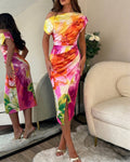 Women's Floral Print Skew Neck Mid-length