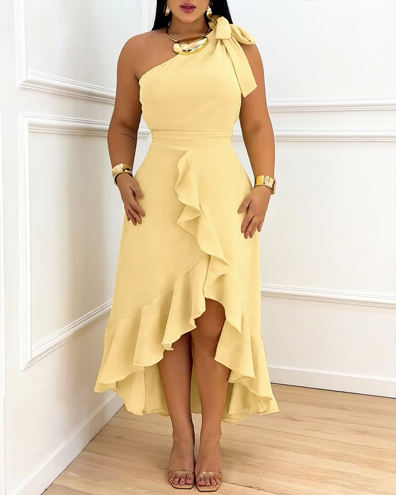 Women's One Shoulder Ruffle Hem Dress Bow Tie Shoulder High-Low Hem Irregular Party Dress Shirred Back Evening Gown