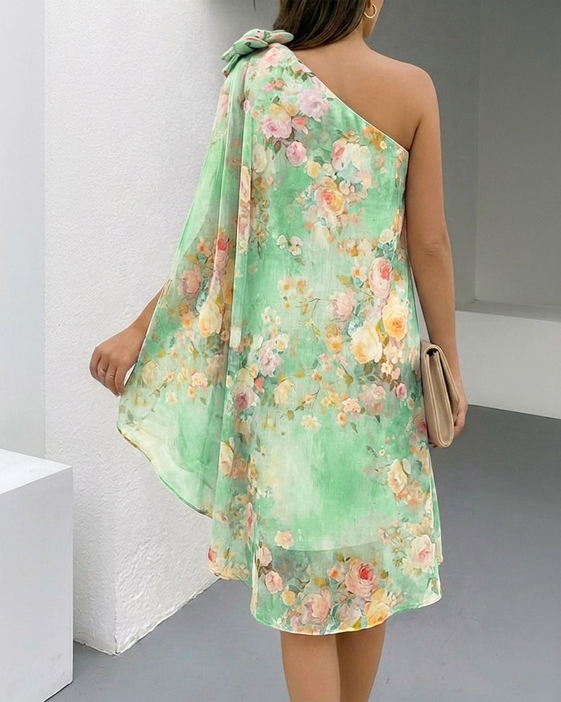 Women's Floral Print One-Shoulder Chiffon Dress 3D Floral Decor Split Sleeve Loose A-Line Mini Dress