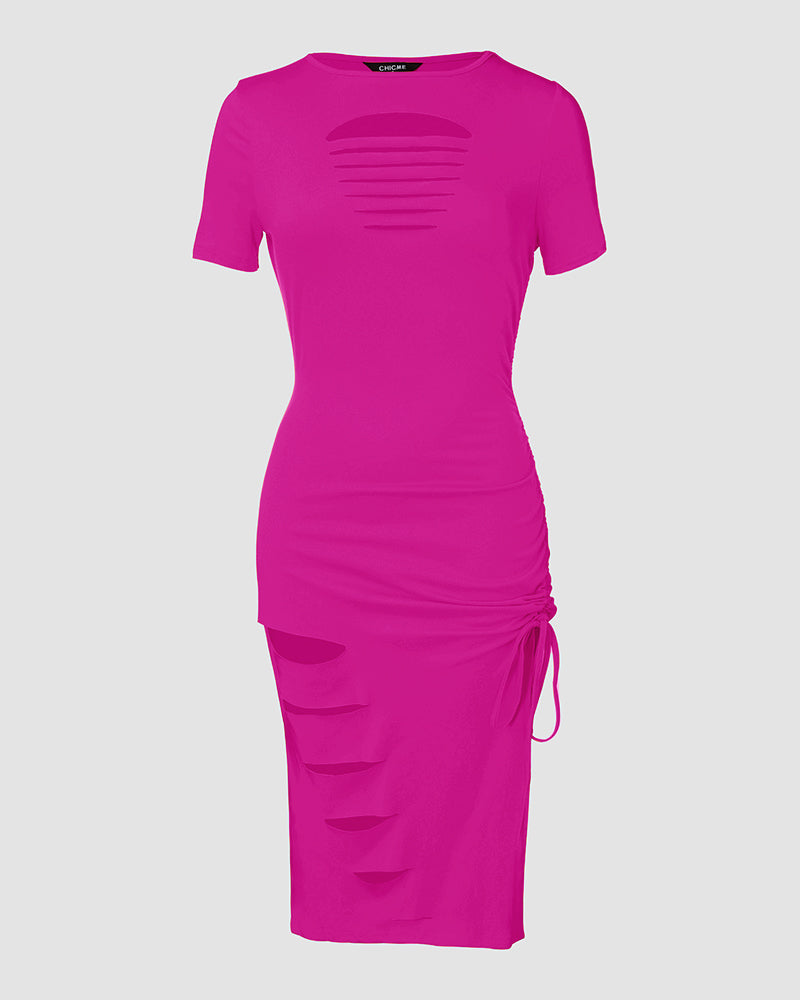 O Neck Short Sleeve Solid Color Cut