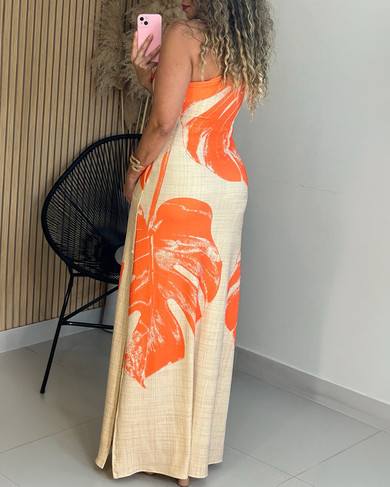 Women's Tropical Monstera Leaf Print One Shoulder Maxi Dress Side Slit Bodycon Dress with Pockets and Zipper