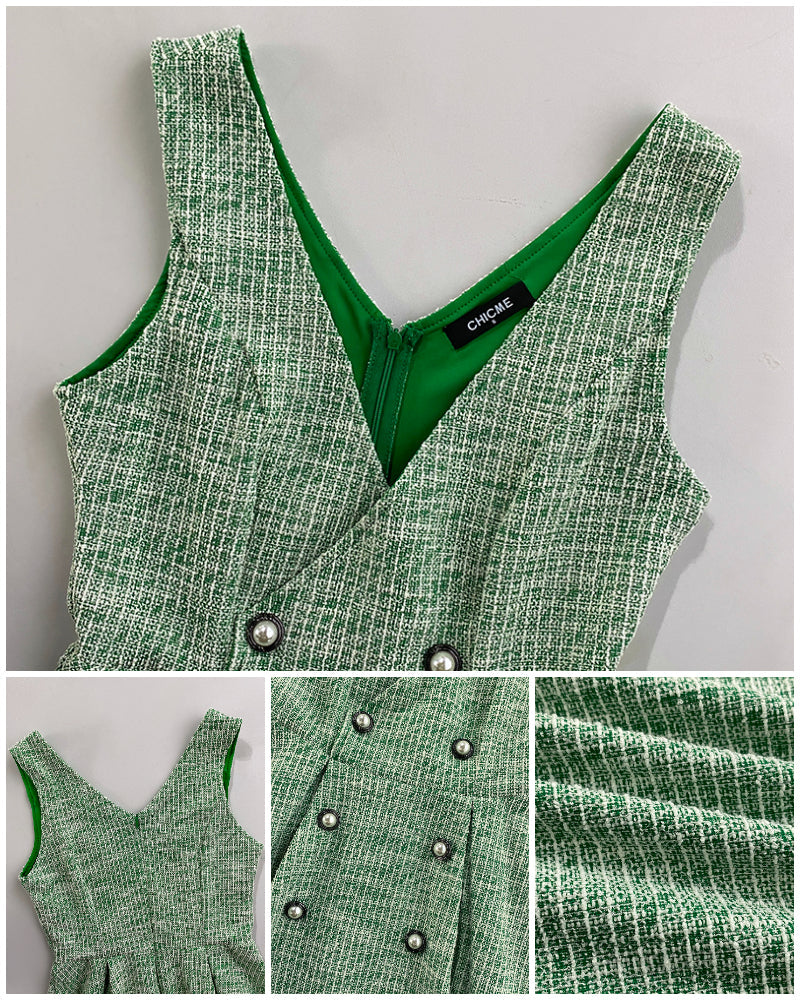 V-Neck Sleeveless Double Breasted Decor A Line Party Dress Causal Ziper Back Peplum Hem Commuting Dress