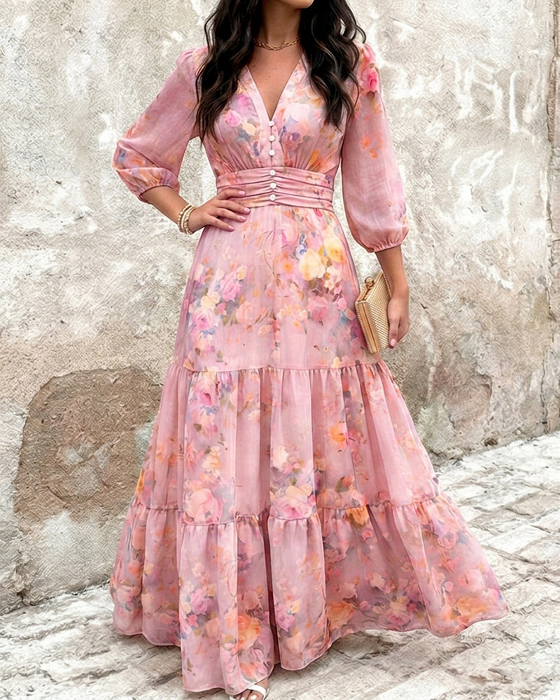 Women's Watercolor Floral V-Neck Shirred High Waist Maxi Dress Three Quarters Lantern Sleeve A-Line Ruffle Hem Chiffon Vacation Dress
