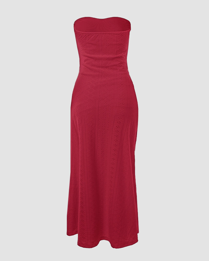 Sleeveless Ruched Cinched Waist Draped Bandeau Dress Eyelet Embroidery Slit Asymmetrical Hem Vacation Dress