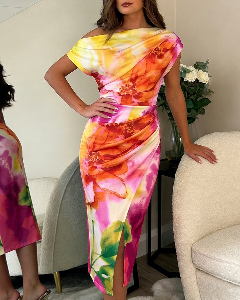 Women's Floral Print Skew Neck Mid-length