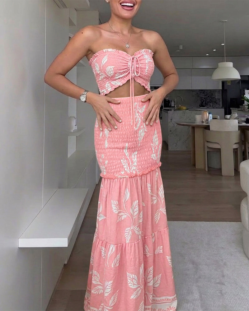 Women's Tropical Plants Bandeau Dress Sexy Drawstring Cutout Shirred Waist Mermaid Dress Ruffle Hem Vacation Maxi Dress