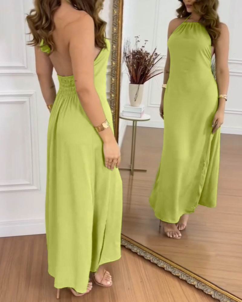 Halter Sleeveless Backless Maxi Dress Casual Shirred Back Side Slit Vacation Dress