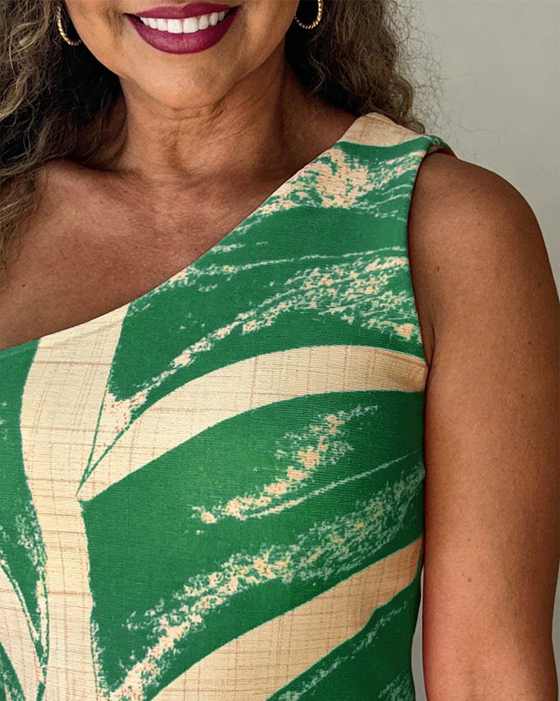 Women's Tropical Monstera Leaf Print One Shoulder Maxi Dress Side Slit Bodycon Dress with Pockets and Zipper