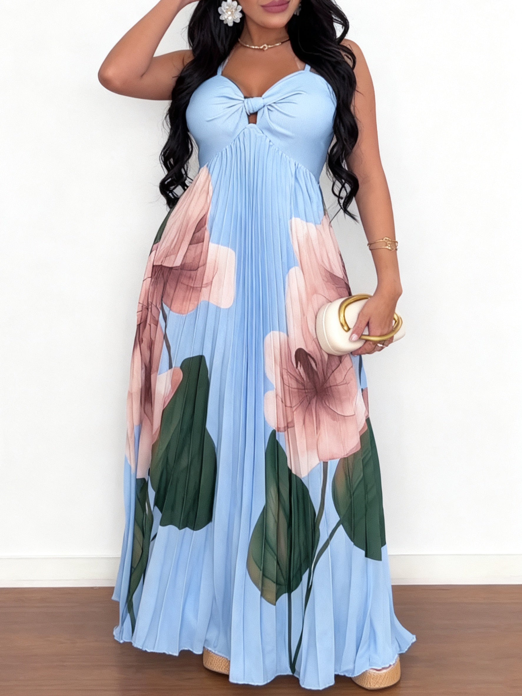 Floral Placement Print Sweetheart Neck Adjustable Spaghetti Straps Backless Maxi Dress Casual Cinched Waist Tie Back Pleated Vacation Dress