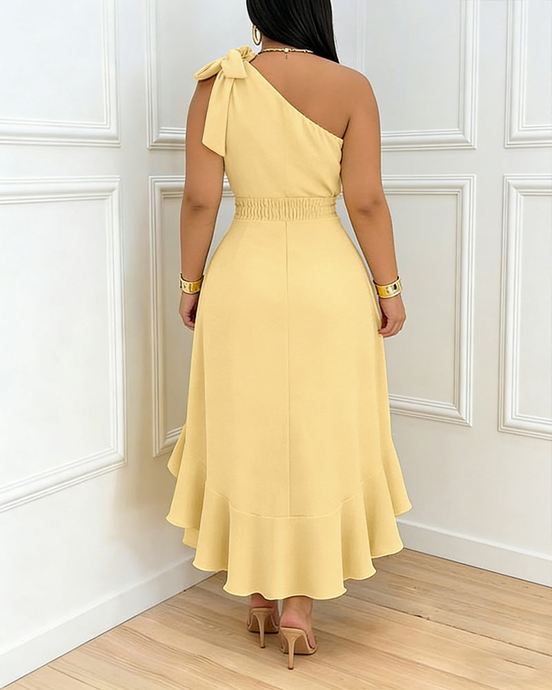Women's One Shoulder Ruffle Hem Dress Bow Tie Shoulder High-Low Hem Irregular Party Dress Shirred Back Evening Gown