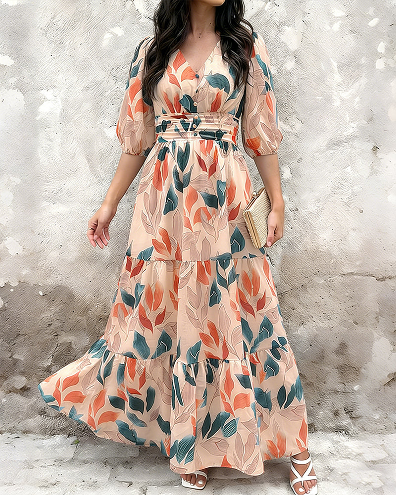 Plants Print V-Neck Half Sleeve Shirred Back Maxi Dress Casual Button Decor Ruched Ruffle Hem Vacation Dress