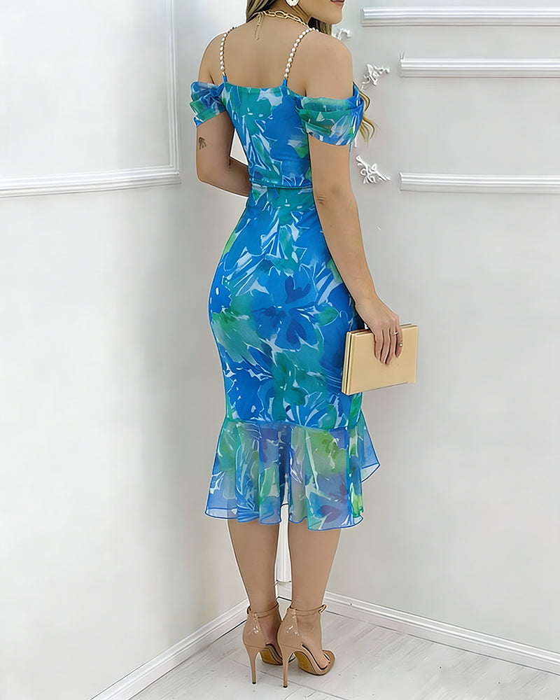 Women's Watercolor Floral Print Mesh Ruffle