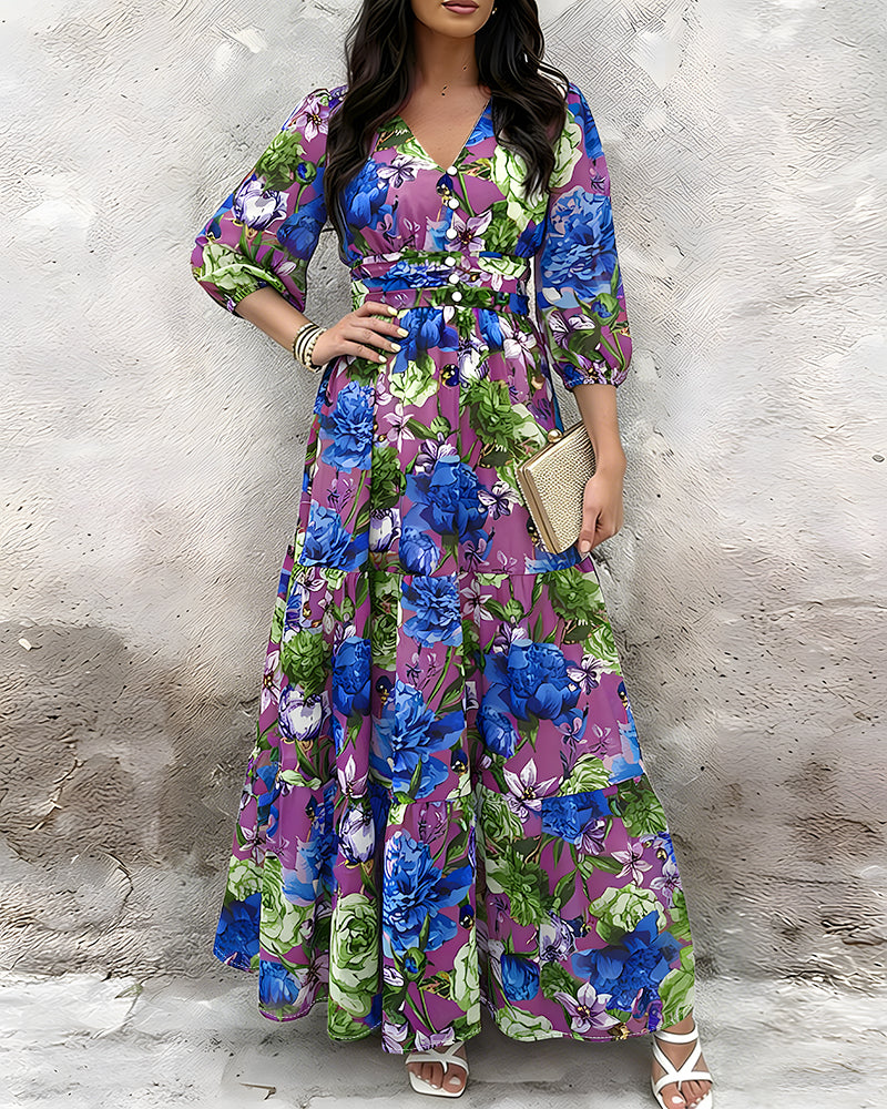 Women's Floral V Neck Maxi Dress Shirred Back Ruffle Hem A-Line Vacation Dress