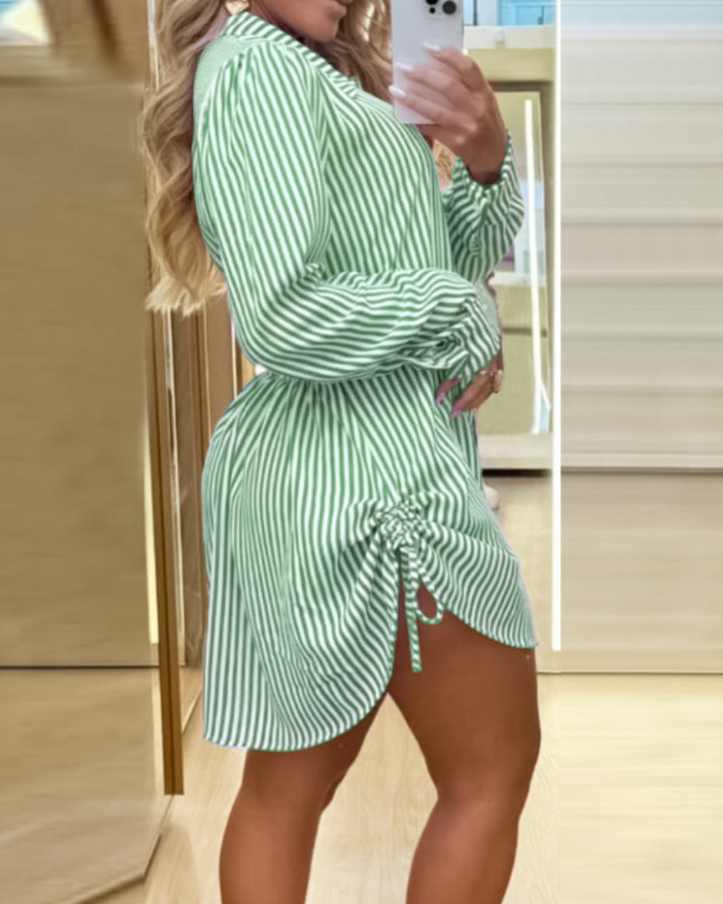 Striped Turn-down Collar Long Sleeve Dress Button Drwastring  Shirred Dress