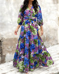Women's Floral V Neck Maxi Dress Shirred Back Ruffle Hem A-Line Vacation Dress
