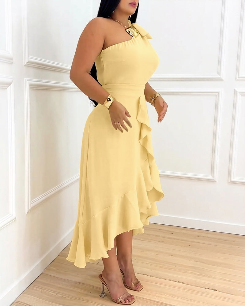 Women's One Shoulder Ruffle Hem Dress Bow Tie Shoulder High-Low Hem Irregular Party Dress Shirred Back Evening Gown