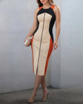Colorblock O-neck Sleeveless Zipper Front Midi Dress Slim Fit Slit Front Commuting Dress