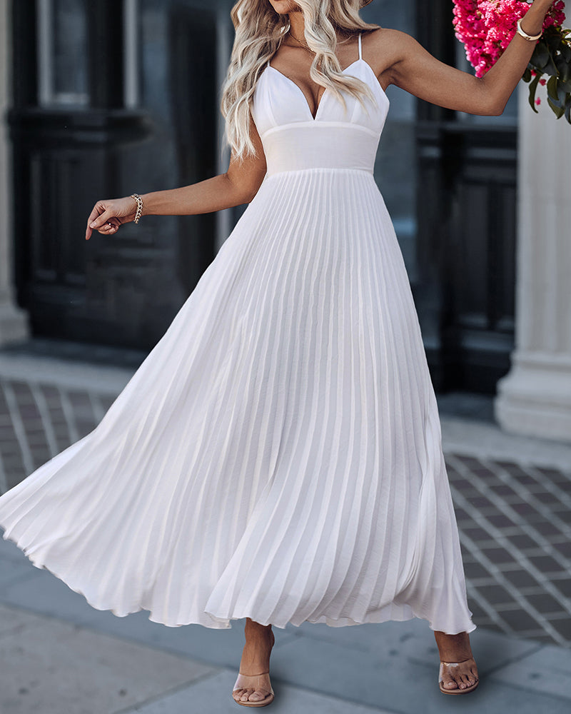 Deep V Neck Adjustable Spaghetti Straps Backless Pleated Dress Elegant Zipper Side Tie Back Maxi Dress