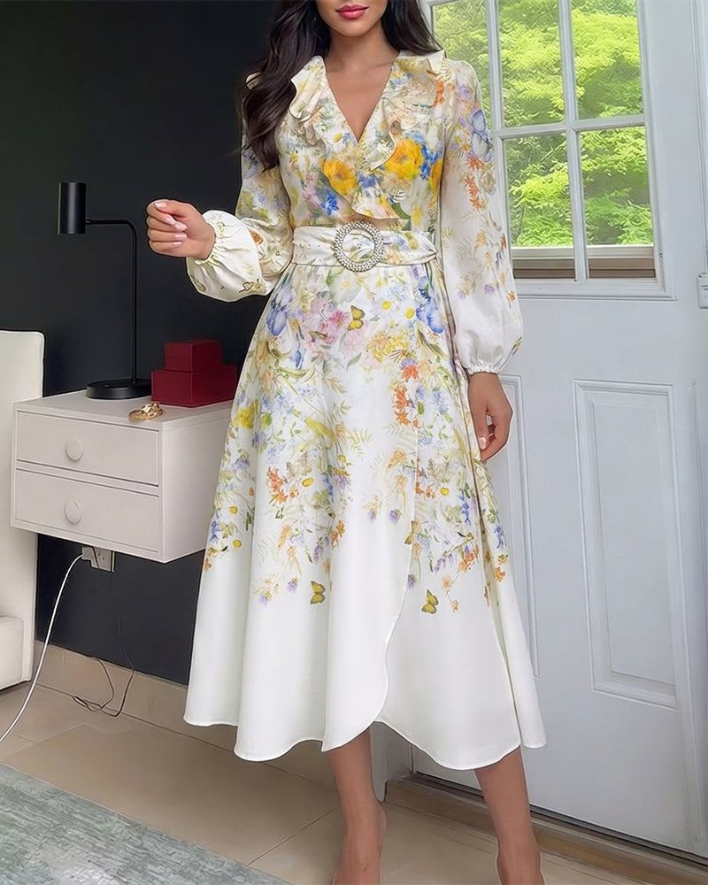 Women’s Floral Print Ruffle V Neck Wrap Midi Dress Lantern Sleeve High Waist A-Line Vacation Dress with Belt