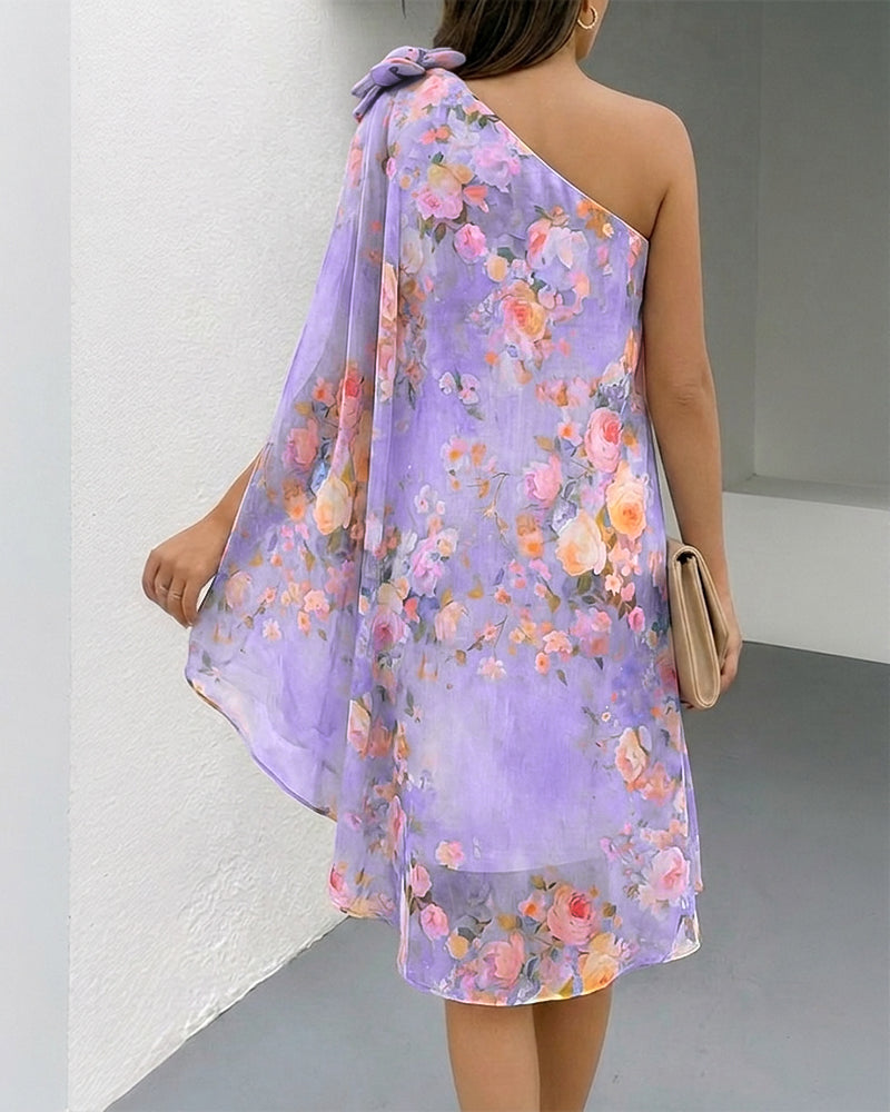 Women's Floral Print One-Shoulder Chiffon Dress 3D Floral Decor Split Sleeve Loose A-Line Mini Dress