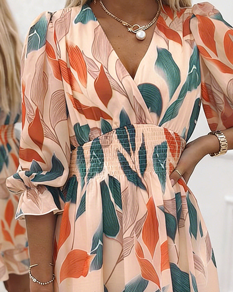 Women's Colorblock Leaf Print Midi Dress Overlap V-Neck Three Quarters Sleeve Shirred Waist Ruffle Hem A-Line Vacation Dress