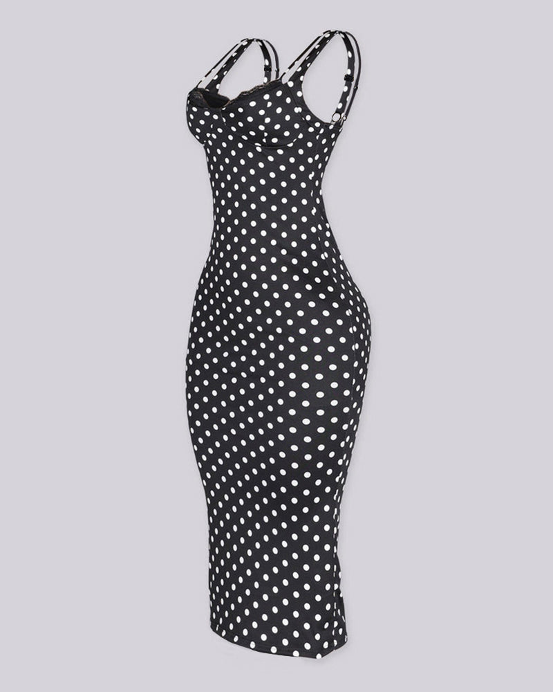 Women's Polka Dot Midi Dress Lace Trim V-Neck Bodycon Dress Adjustable Double Strap Elegant Party Dress with Built-in Bra